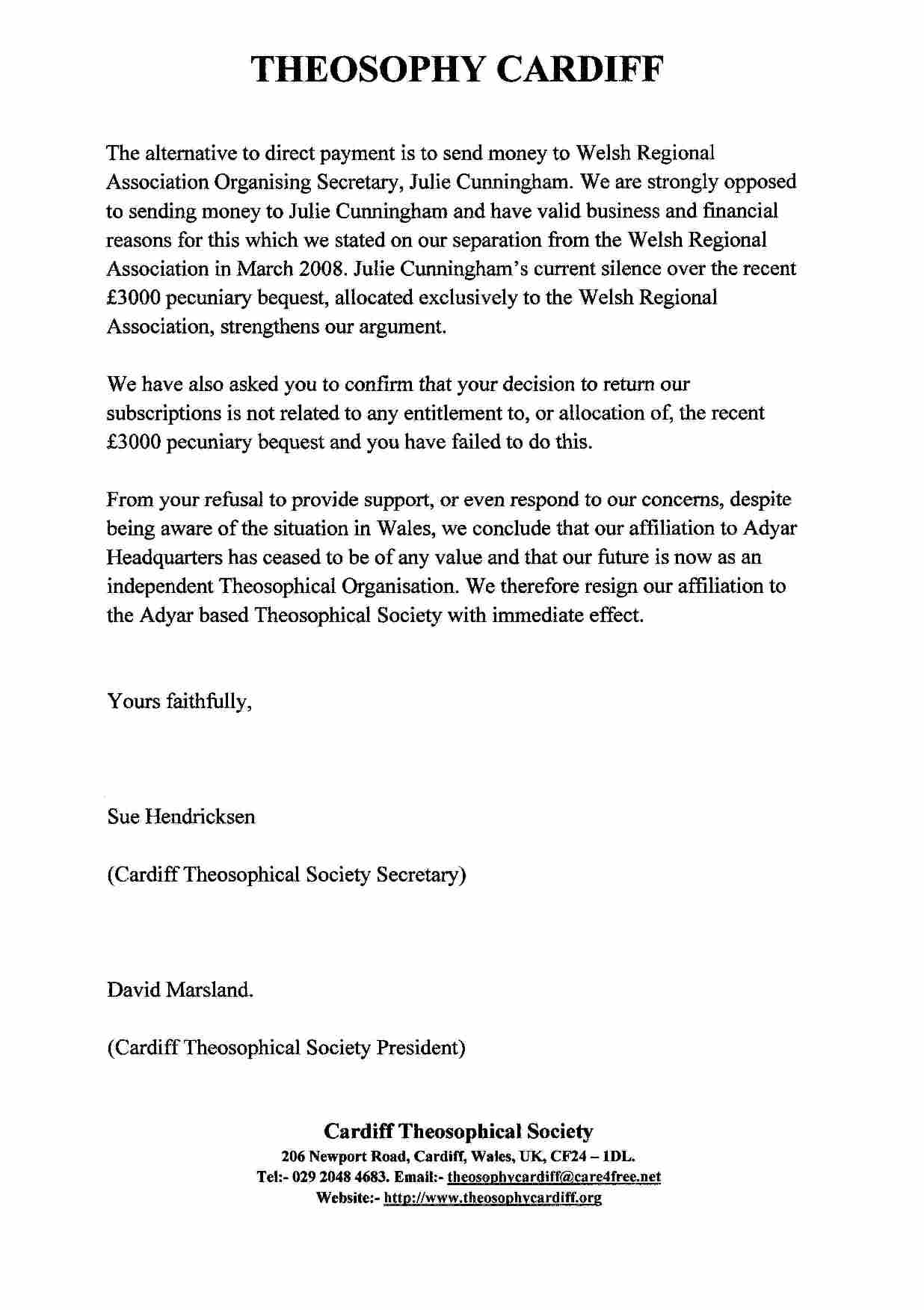 Theosophy Cardiff, Wales, UK:- Letter of Resignation From the With Regard To Bequest Letter Template